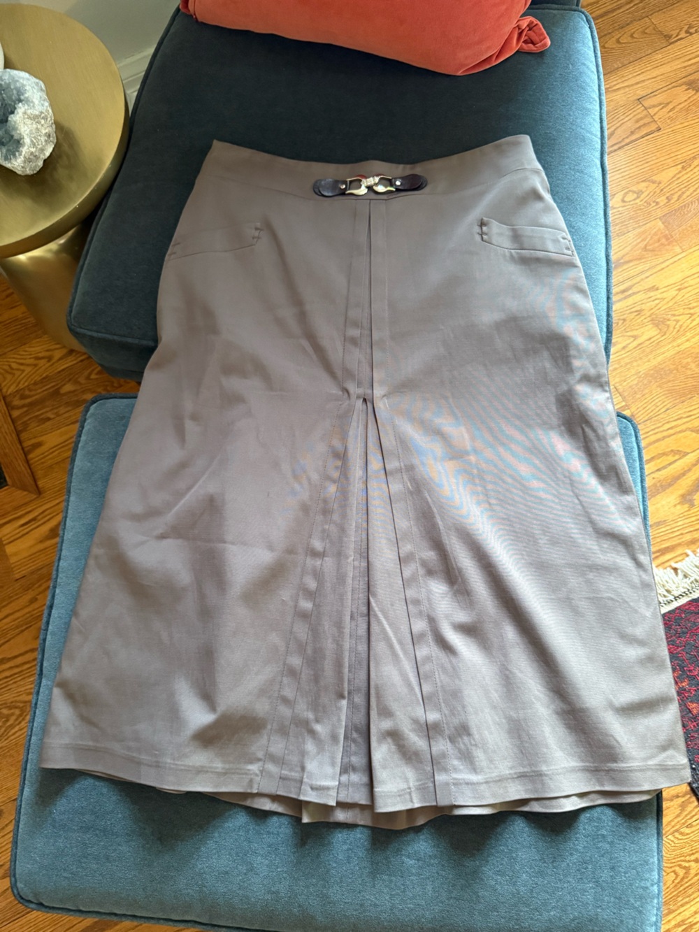 GANZA Taupe Womens A-Line Skirt with Pleat Detail and back button detail